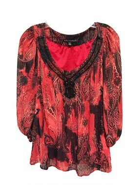 Sara Michelle Women's Large Red & Black Paisley Print Boho Embellished Blouse